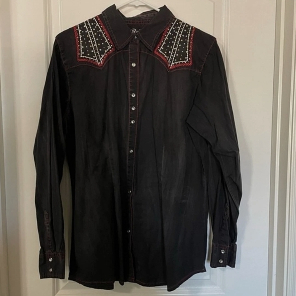 Wrangler Rock 47  Size Large Black Long Sleeve Button Up Western Rodeo Shirt